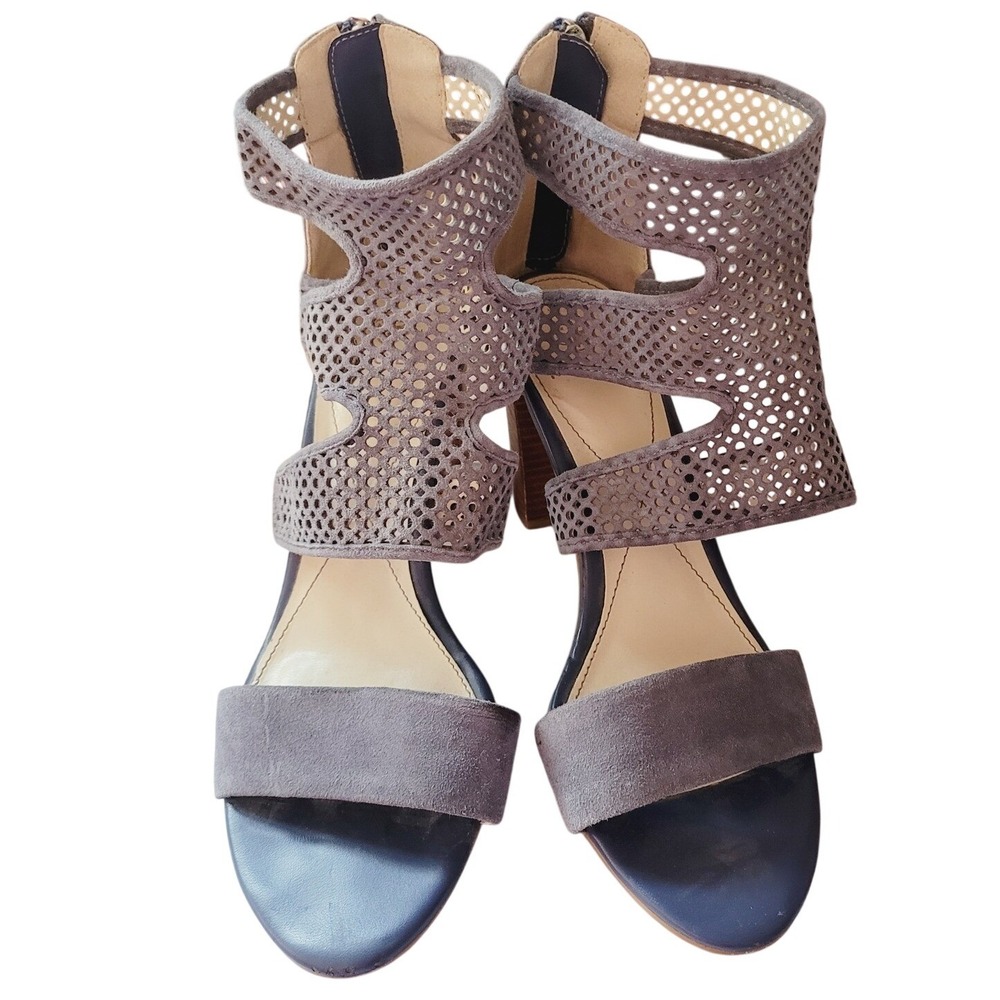 Isola Grey Suede Perforated Cage Sandals Block Heel Back Zip Womens 8.5 M - Picture 2 of 5